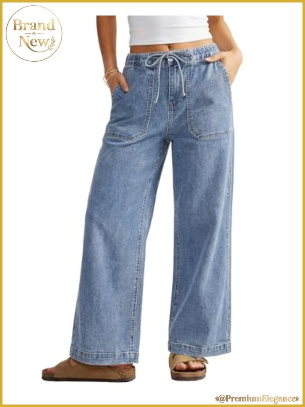 High Waisted Wide Leg Stretchy Denim Jeans Drawstring Pockets